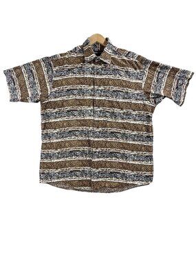 Lawton Harbor Shirt Mens Large Brown Striped Button Up Short Sleeve Cotton AOP